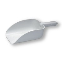 White plastic scoop is made of sanitary, seamless injection molded white poly.