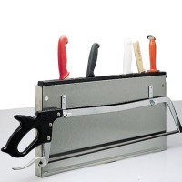 Stainless tool holder can hold 7 knives and 3 steels. Plus, it also has side hooks to hold butcher saw.