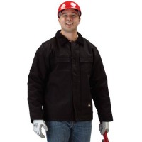 Insulated black chore coat is made of 100% cotton duck.