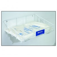 Space saving tray holds bagged and boxed aprons, and does not collect dust or dirt.