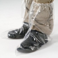 Disposable poly shoe covers feature an elastic top.