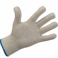 Natural color  medium weight knit glove with blue cuff edge.