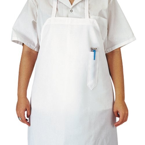 White cotton apron with pocket.